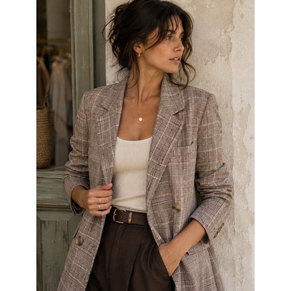 NWT Anthropologie Maeve Double Breasted Plaid Cotton Linen Blazer Brown 4